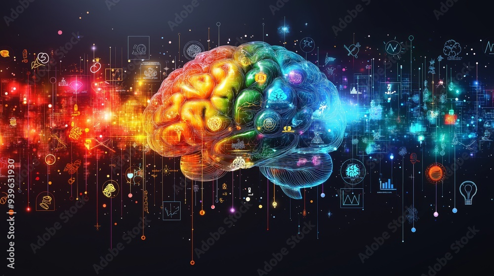 Abstract Digital Visualization of the Human Brain Highlighting Neural Connections and Cognitive Processes, Set Against a Futuristic Background with Technological Symbols Abstract Digital Visualization of the Human Brain Highlighting Neural Connections and Cognitive Processes, Set Against a Futuristic Background with Technological Symbols