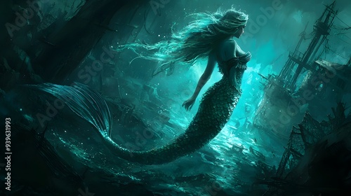 Mermaid of the Deep: A hauntingly beautiful mermaid with flowing hair, illuminated by bioluminescence, surveys a sunken shipwreck in the ocean depths. 
