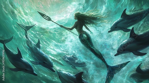 Ocean's Guardian: A mermaid glides through turquoise depths, trident held high, as a pod of dolphins dances in her wake. 