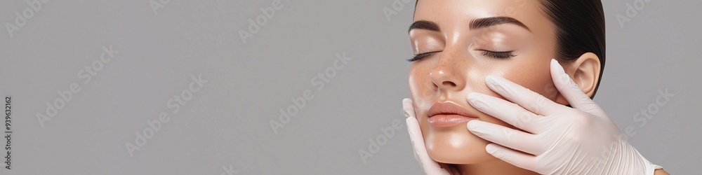 woman with a beautiful face and smooth skin is having a facial cosmetic check-up by a professional doctor in white gloves, for clinic and cosmetology service, beauty concept poster, banner woman with a beautiful face and smooth skin is having a facial cosmetic check-up by a professional doctor in white gloves, for clinic and cosmetology service, beauty concept poster, banner