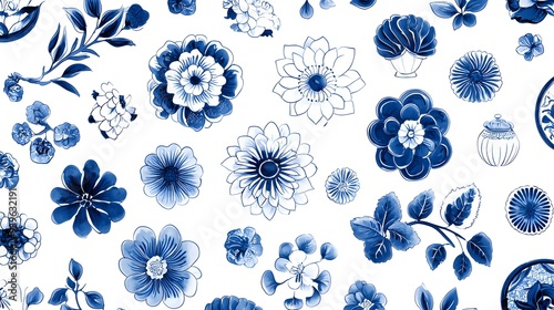 Blue Willow Dreams: A whimsical dance of cobalt blossoms and delicate foliage, this vector pattern captures the timeless allure of blue and white china.