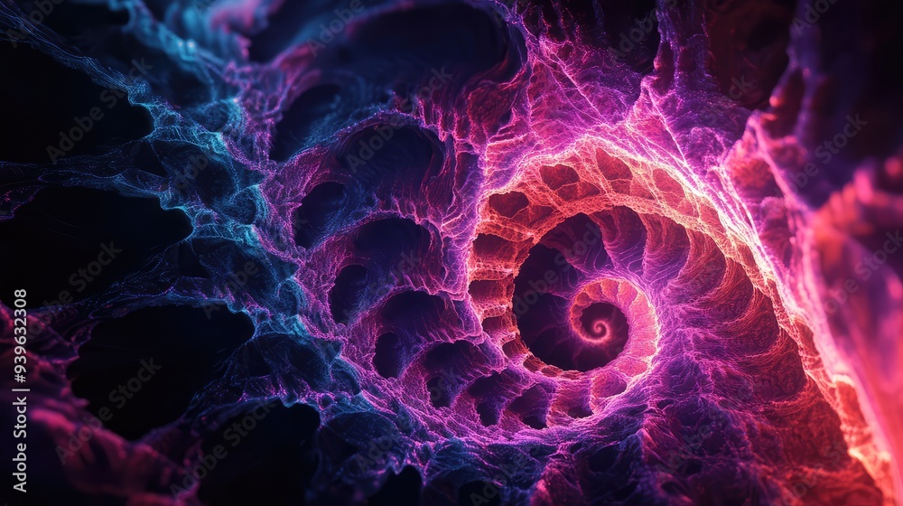 A stunning spiral fractal web in neon colors, with intricate patterns and a deep, dark backdrop enhancing its glow. A stunning spiral fractal web in neon colors, with intricate patterns and a deep, dark backdrop enhancing its glow.