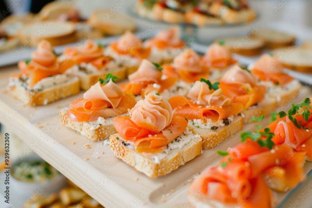 Elegant catering buffet table with delicious sandwiches canapes and appetizers for celebration event