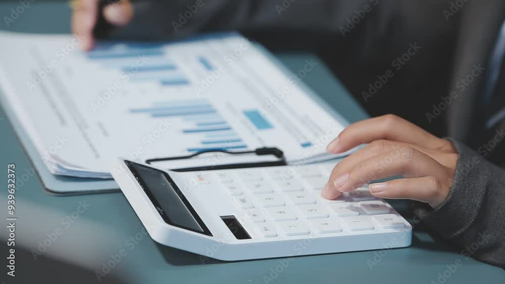 Business and Financial Planning Concept. Financial advisor hand planning and calculate budget, and tax. Professional Businesswoman use calculator and review annual report at home office. Business and Financial Planning Concept. Financial advisor hand planning and calculate budget, and tax. Professional Businesswoman use calculator and review annual report at home office.
