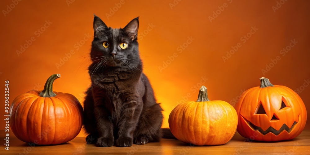 Black Cat with Pumpkins for Halloween, Halloween , cat , pumpkins , spooky Black Cat with Pumpkins for Halloween, Halloween , cat , pumpkins , spooky