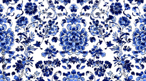 Blue and White Floral Pattern: Elegant seamless pattern featuring intricate blue floral designs on a white background. This classic pattern evokes a sense of sophistication and beauty, perfect for a v
