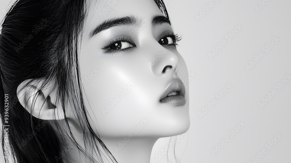 Fototapeta premium A Gaze of Serenity: A young woman's captivating eyes hold a depth of emotion in this striking black and white portrait. 