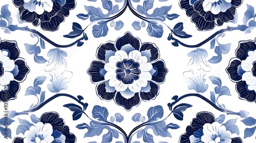 Blue and White Floral Tile Pattern: A timeless and elegant design, perfect for adding a touch of sophistication to any space. This intricate pattern features delicate blue flowers and leaves on a whit