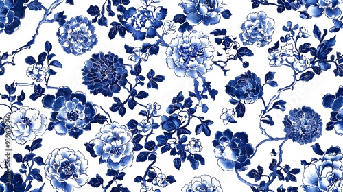 Blue and White Floral Pattern: A delicate and elegant blue and white floral pattern, perfect for adding a touch of vintage charm to any project. The intricate design features blooming roses, graceful 