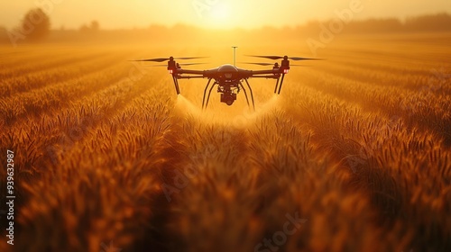 Farmers using drones to monitor crops in a vast agricultural landscape. Farmers using Gen AI drones for precision agriculture and crop management, Gen AI Adoption, agricultural technology.