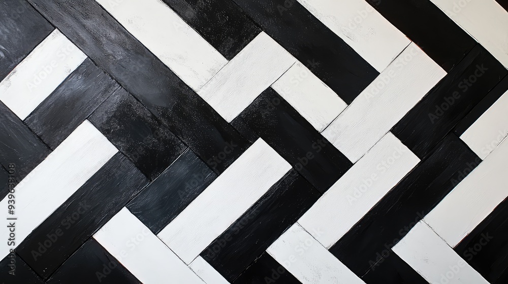 A striking geometric pattern featuring black and white interlocking chevrons, emphasizing bold lines.