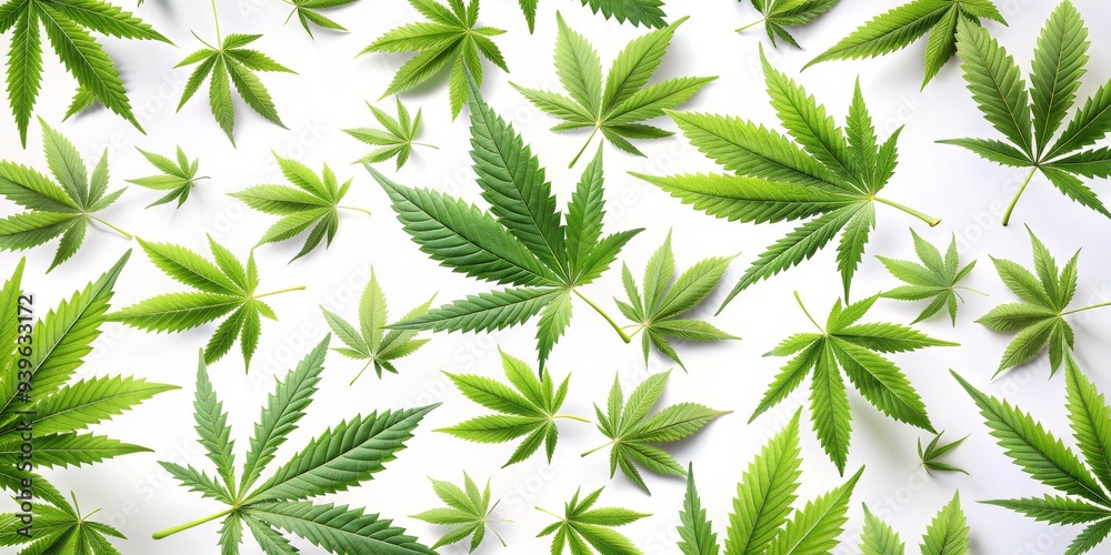 Cannabis Leaf Pattern, White Background, Flat Lay, Green, Marijuana, Hemp, CBD Cannabis Leaf Pattern, White Background, Flat Lay, Green, Marijuana, Hemp, CBD