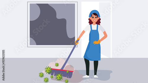 Vector illustration of a female janitor sweeping away viruses, emphasizing hygiene and cleanliness.