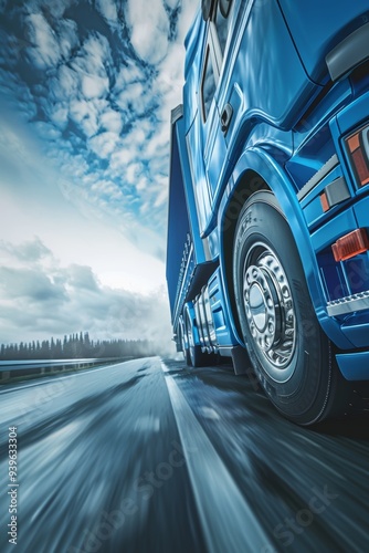 Perspective stock image of a modern blue UK truck entering the frame from the right, captured in high detail with a sleek, high cab design. photo