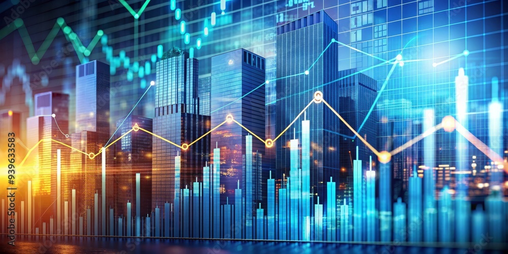 Cityscape with Financial Charts, Digital Art, Urban Growth, Stock Market, Investment, Finance Cityscape with Financial Charts, Digital Art, Urban Growth, Stock Market, Investment, Finance