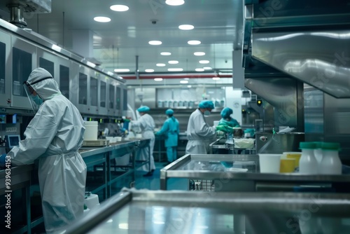 Bustling food processing facility with workers in protective gear operating machinery