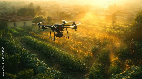 Farmers using drones to monitor crops in a vast agricultural landscape. Farmers using Gen AI drones for precision agriculture and crop management, Gen AI Adoption, agricultural technology.