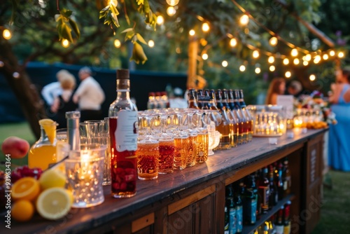 Wedding reception outdoor bar with different sweet cocktails