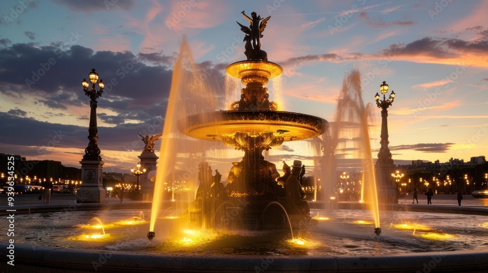 Fototapeta premium Fountain in the City During Sunset