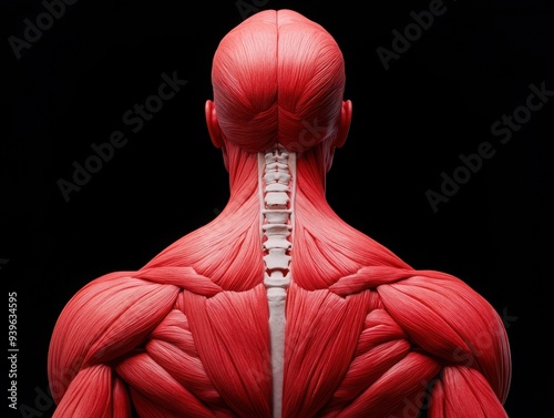 Detailed muscle anatomy of the human back, highlighting latissimus dorsi and trapezius, 3D illustration photo