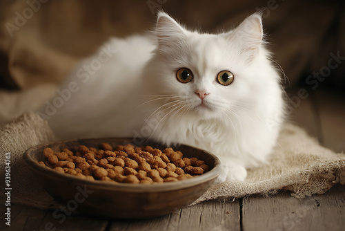 A cat next to cat food, ideal for advertising cat food products. The image is perfect for showcasing nutrition and care for cats.