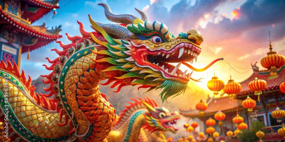 Fototapeta premium Dragon Guardian at Sunset Temple, China, vibrant colors, traditional, folklore, culture, lantern