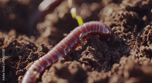 "Macro Shot of Earthworms Moving Through Soil, Highlighting the Natural Processes of Soil Aeration and Organic Matter Decomposition, Showcasing the Vital Role of Earthworms in Ecosystems"