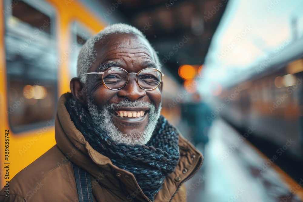 Senior black man with a jubilant smile at train station