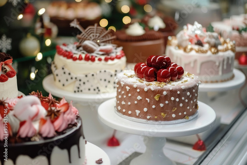 whimsical collection of baked goods topped with sugary icing, sprinkles, and colorful decorations. Cupcakes, petit fours, and cake stand on a festive display, perfect for a holiday celebration. photo