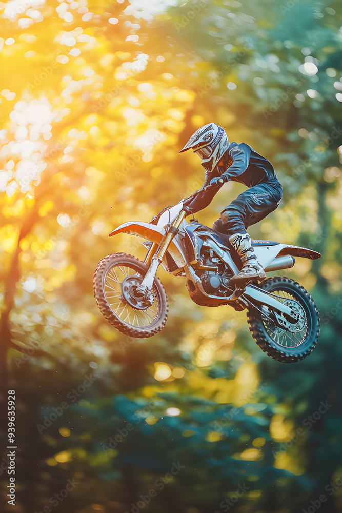 Naklejka premium A motocross rider is seen executing a jump stunt on an off-road course for a dirtbike competition.