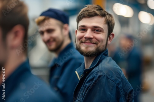 Portrait of a smiling factory worker in a group of coworkers