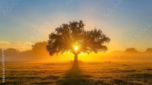 Sunrise Through a Tree in a Misty Field