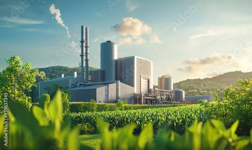 Modern Biomass Power Plant with Vibrant Eco-Friendly Landscape photo