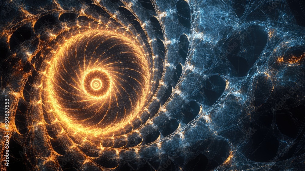 A radiant spiral fractal web with intricate, glowing lines and a dark backdrop, creating a hypnotic visual effect. A radiant spiral fractal web with intricate, glowing lines and a dark backdrop, creating a hypnotic visual effect.