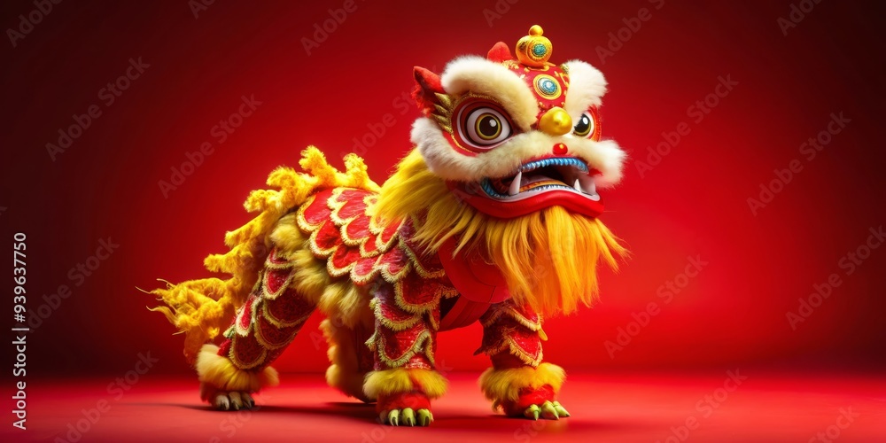 Lion Dance Costume on Red Background, Chinese New Year, Lion Dance, Cultural Performance, Tradition Lion Dance Costume on Red Background, Chinese New Year, Lion Dance, Cultural Performance, Tradition