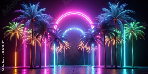 Neon Palm Trees - 3D Render, Nighttime, Tropical, Glow , palm trees , neon light , night scene