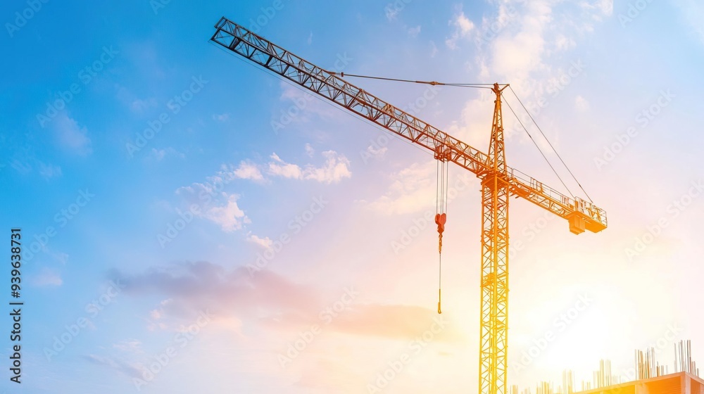 Construction worker with hardhat standing in front of crane and building Construction worker with hardhat standing in front of crane and building