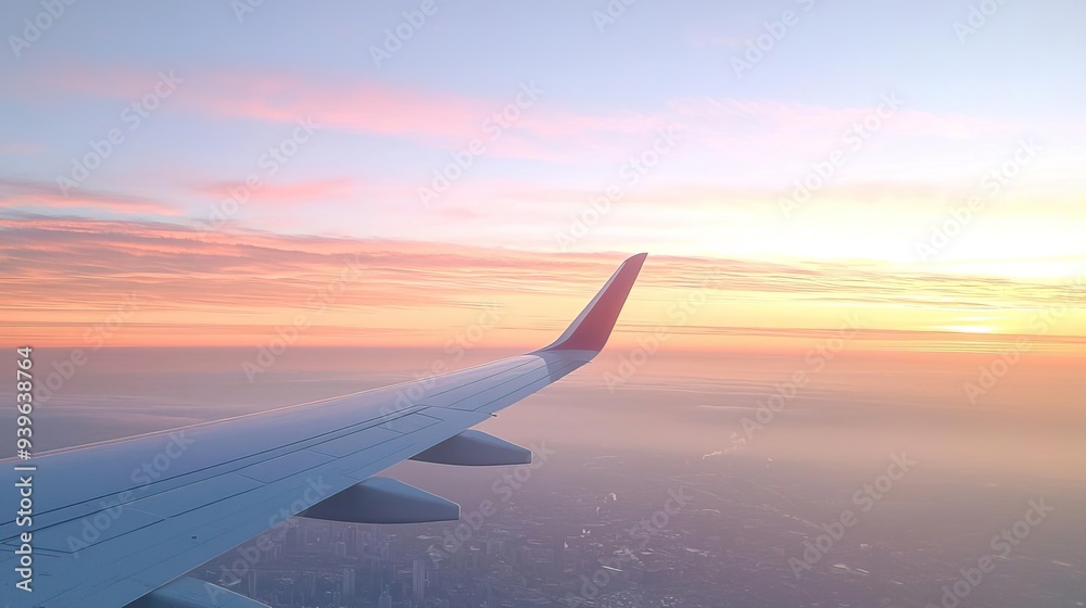 Airplane wing seen from inside cabin at sunset over city Airplane wing seen from inside cabin at sunset over city