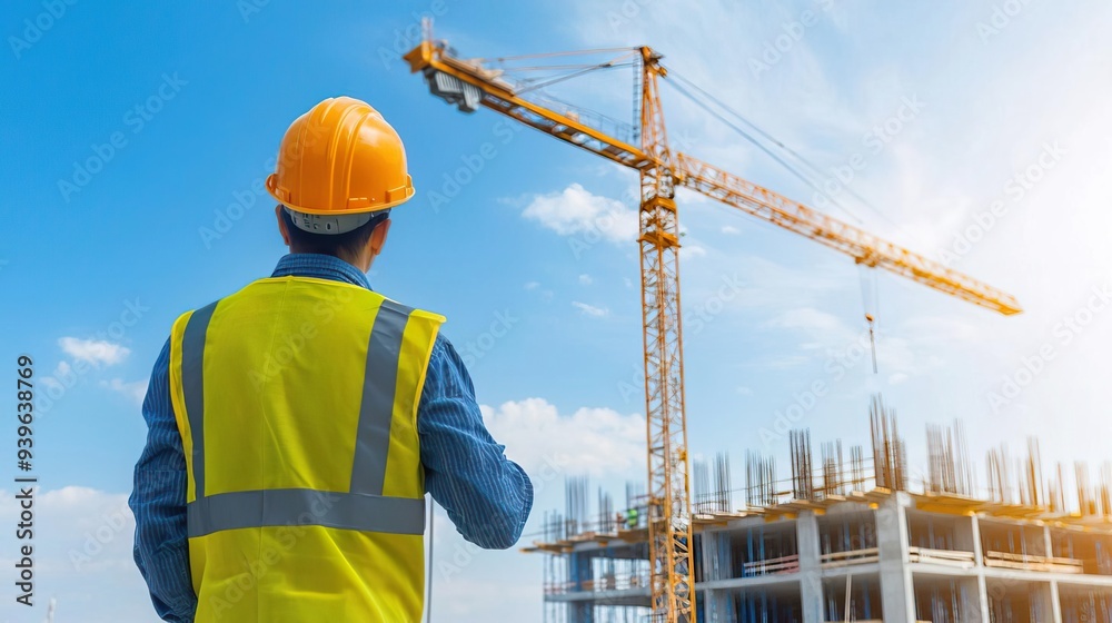 Construction worker with hardhat standing in front of crane and building Construction worker with hardhat standing in front of crane and building