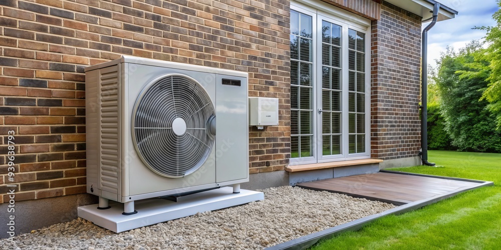 Outdoor Heat Pump Unit on Brick Wall with Patio and Lawn, HVAC , Heat Pump, Outdoor Unit , Installation Outdoor Heat Pump Unit on Brick Wall with Patio and Lawn, HVAC , Heat Pump, Outdoor Unit , Installation
