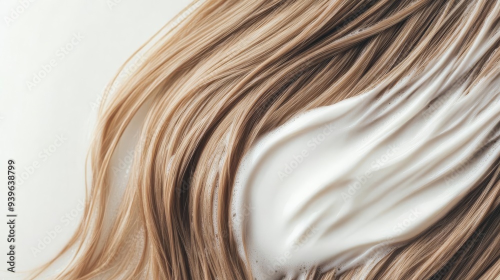 Naklejka premium Shampoo cream being applied to wet hair, hair care routine, smooth and creamy