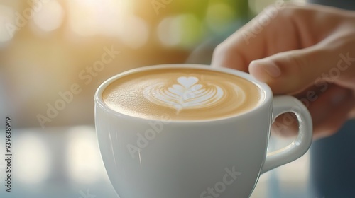 A close-up of a beautifully crafted latte art being served by a barista to a customer, capturing the attention to detail and the quality of service in the cafe