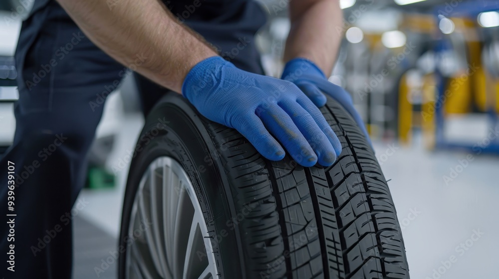 Obraz premium Close-up of a mechanic wearing blue gloves, carefully handling a tire in an automotive garage, highlighting precision and safety.