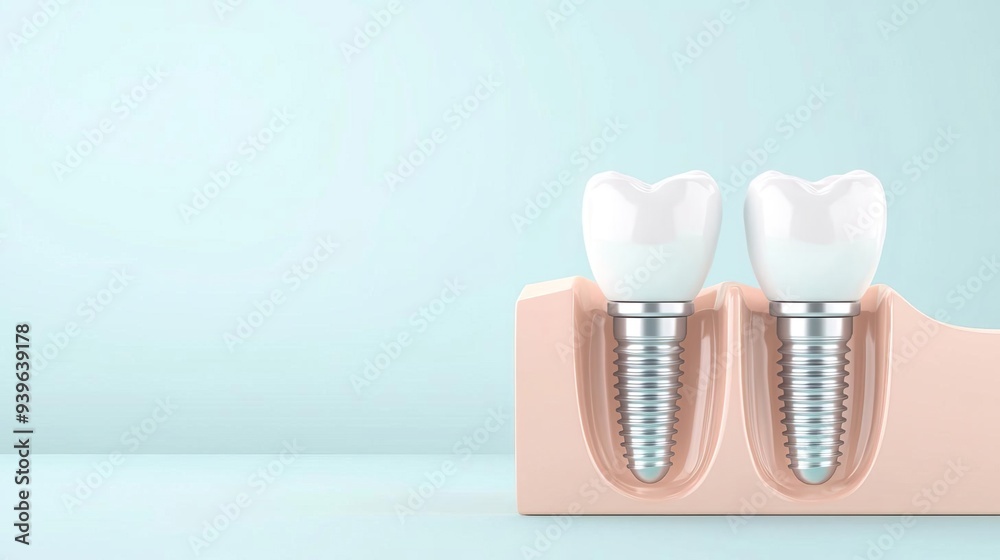 Dental implant and natural tooth on blue background Dental implant and natural tooth on blue background