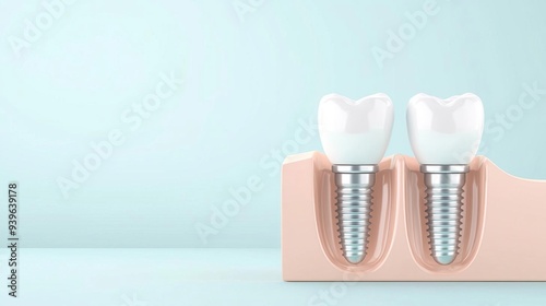 Dental implant and natural tooth on blue background