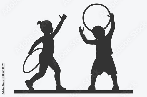 Joyful Kids Playing with Hula Hoops in Silhouette - Dynamic Vector Illustration