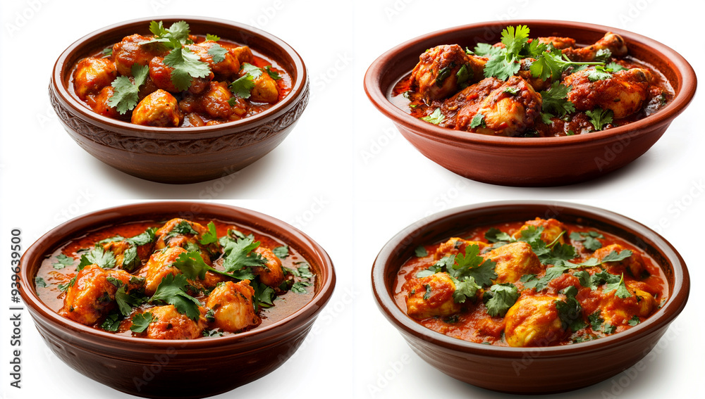 A bowl of chicken with a vibrant red and orange circular sauce, garnished with fresh coriander leaves on a white background A bowl of chicken with a vibrant red and orange circular sauce, garnished with fresh coriander leaves on a white background