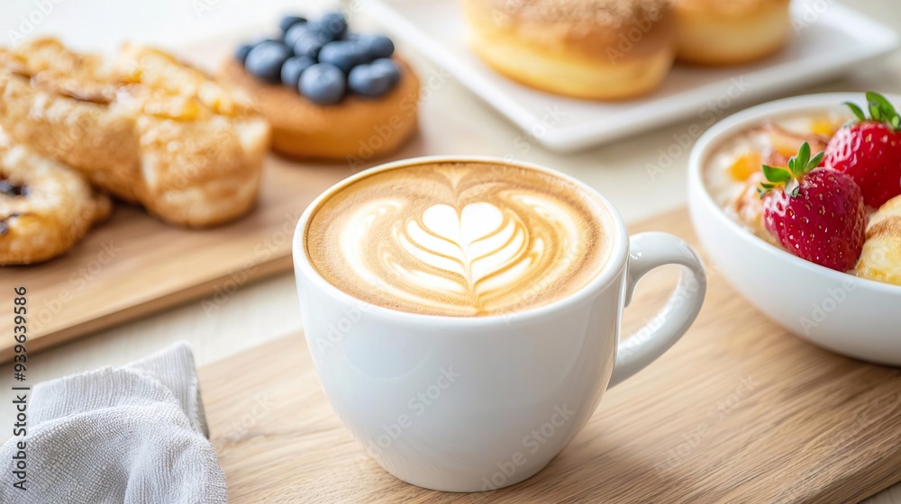 A cup of latte art coffee with a variety of breakfast pastries and fruit.
