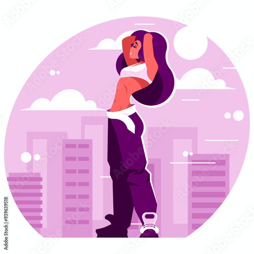 Girl on city background. Young woman stretching. Relaxation concept. Vector graphics