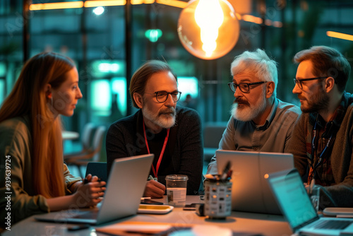  Group of senior professionals engaged in a serious business meeting, discussing strategies and decisions in a modern conference room setting.